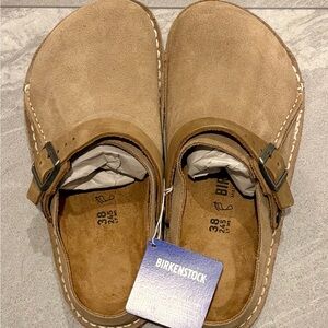 Birkenstock Lutry Premium Suede Clogs in Gray Taupe